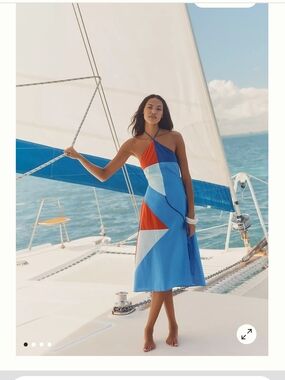 Anthropologie Geometric Halter Midi Dress in Blue and Orange